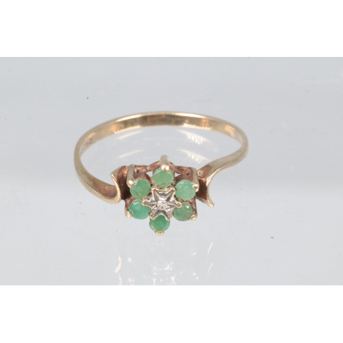 14 - 9ct gold dress ring set with jade and a single diamond. Ring size approx. O weight  approx. 1.6g