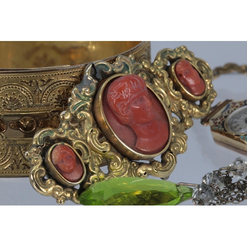 45 - Selection of assorted costume jewellery including Victorian coral cameo brooch, cocktail watch, gilt... 