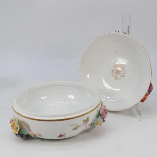 101 - Dresden porcelain lidded powder bowl with raised floral decoration showing various chips and nicks t... 