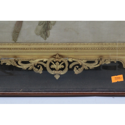 187 - Antique gilt frame with embroidered silk (faded) housed in an outer frame. Overall size approx. 60cm... 