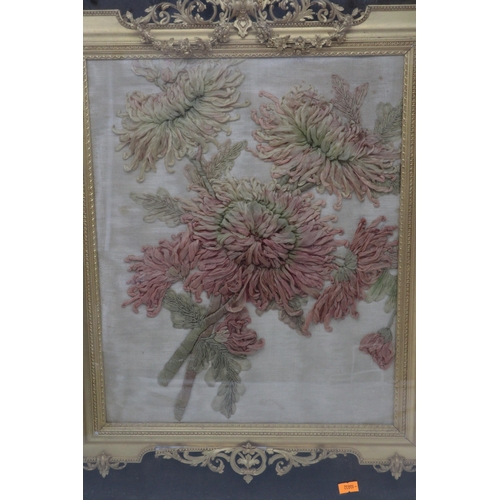 187 - Antique gilt frame with embroidered silk (faded) housed in an outer frame. Overall size approx. 60cm... 