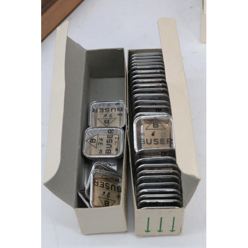 211 - Vintage wooden watch part box with many containers within (all empty) together with a quantity of un... 