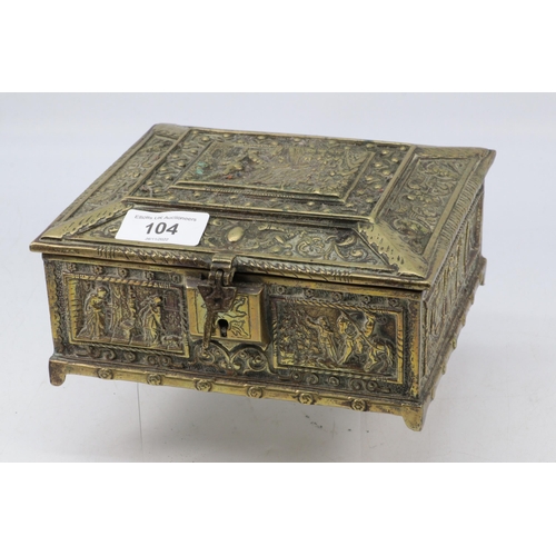 104 - Brass casket with decorative panels Approx. W18cm x D15cm x H8cm