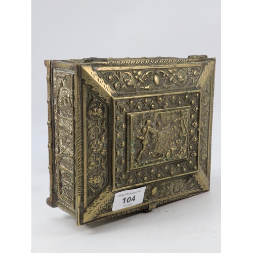 104 - Brass casket with decorative panels Approx. W18cm x D15cm x H8cm