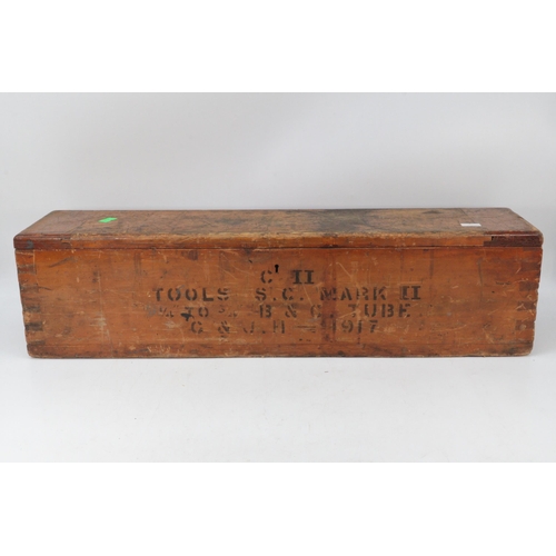 292 - WW1 era wooden box full of assorted tools.  Box is marked Tools SC MKII 1917.