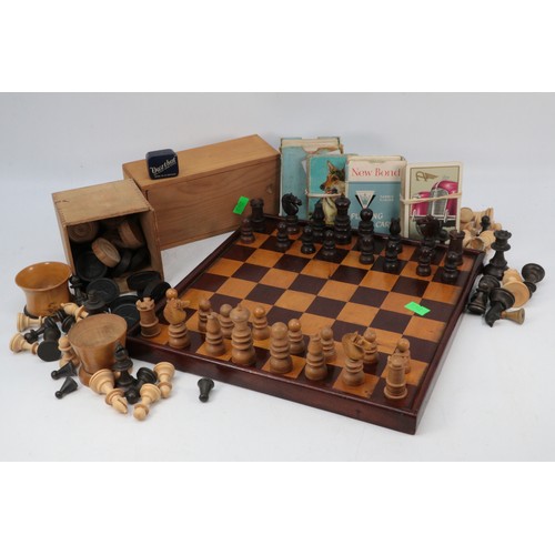 Antique small chess board, playing cards, wooden chess pieces etc ...