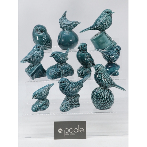 334 - Ten blue glazed birds, some perching, marked Poole England