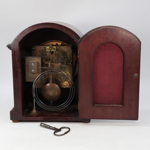 345 - Antique mahogany cased mantle clock with Pendulum and key (height approx. 25cm)