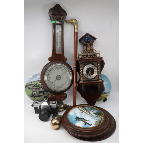 468 - Oak wall barometer, a praktica camera, dutch wall clock with weights, half a walking stick and some ... 