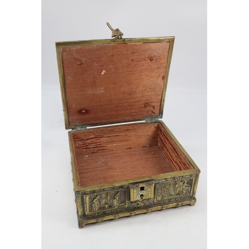 104 - Brass casket with decorative panels Approx. W18cm x D15cm x H8cm