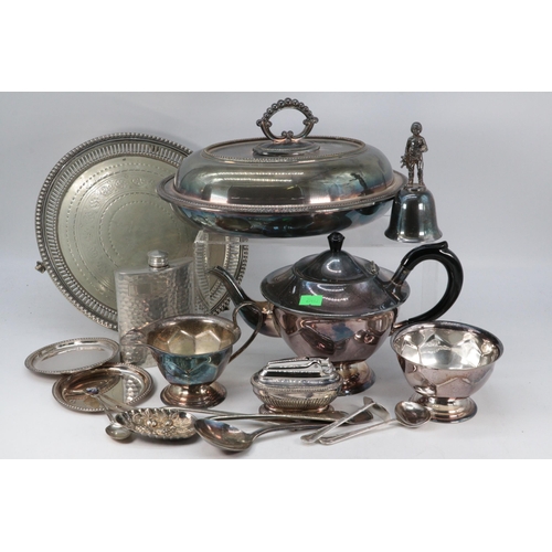 497 - Selection of silver plated items, salvars, serving dish, three piece tea set, hip flask and a table ... 