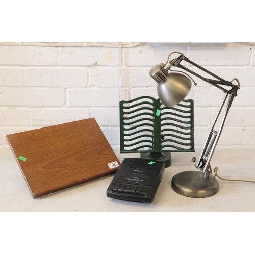 506 - Modern vintage style desk light, Victor England reading stand, wooden table lectern and a Sony tape ... 