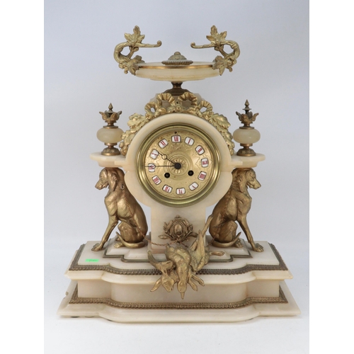 564 - Antique Alabaster and Spelter mantle clock, Spelter has been repainted and chip front left. Height a... 