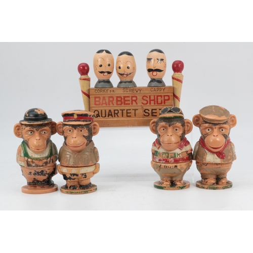 585 - Set of four PG Tips chimp egg cups together with carved wooden barber shop Quartet set, bottle opene... 