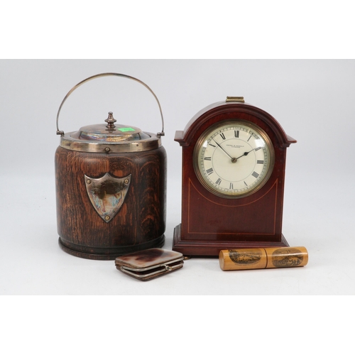 593 - Mahogany cased mantle clock Mackay and Chisholm, Edinburgh together with an oak and silver plated ic... 