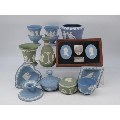 628 - Quantity of Wedgwood to include Jasper Ware and sterling silver framed Coronation set