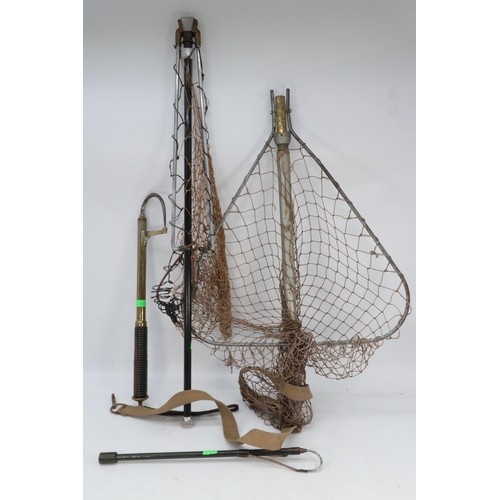 298 - Two vintage brass and steel extending fishing gaffs together with two vintage folding landing nets