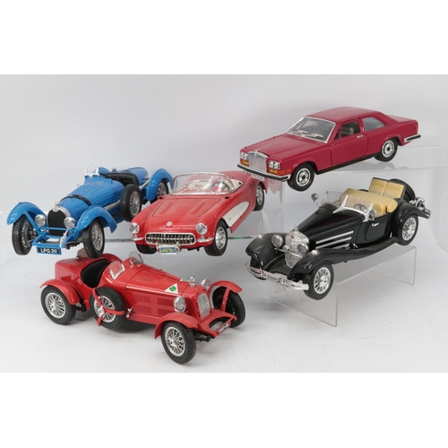 506A - Burago 1:18 scale Chevrolet, Rolls Royce, Alpha Romeo, Mercedes Benz 500K and a Bugatti type 59