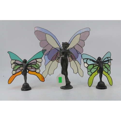 509A - Three heavy cast spelter? fairy figures with hand made stained glass wings (largest 23cm tall to top... 