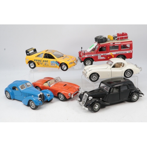 574A - Burago 1:24 scale Peugeot 405 turbo together with a Landrover, Bugatti, Cobra 427 and two others