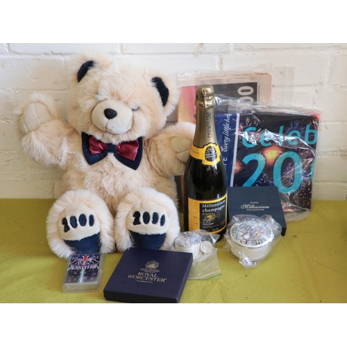 594 - Quantity of Millenium items to include Millenium Champagne, Millenium teddy bear, Royal Worcester bo... 