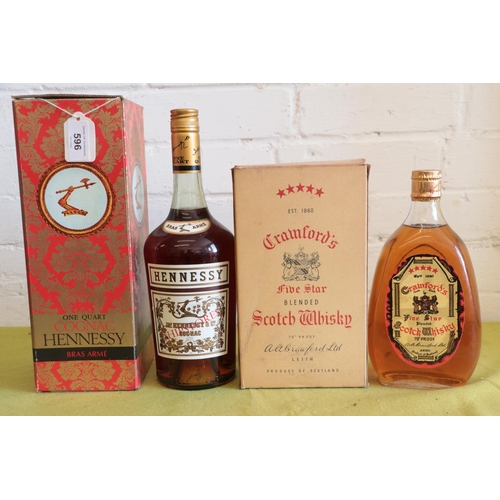 596 - Cranfords boxed Scotch Whisky together with a bottle of Hennessey Cognac. We cannot guarantee the qu... 