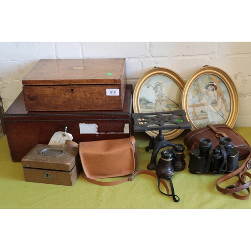 619 - Antique mahogany workbox, walnut similar together with a cased pair of binoculars and a pair of fram... 