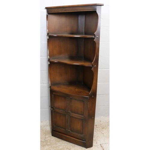 79 - Ercol dark finish open corner unit with cupboard under measuring approx 48cm d x 78cm w x 184cm h