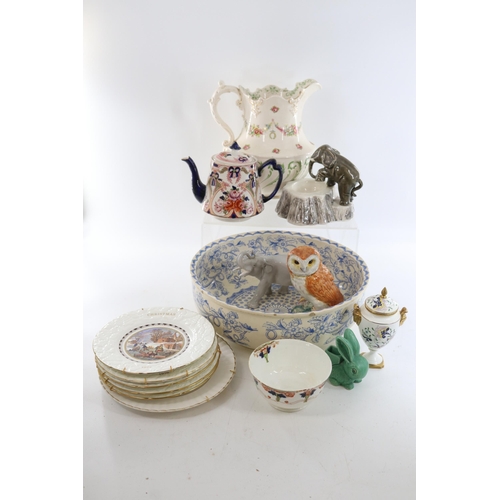 181 - Large Copeland wash bowl together with a Beswick Owl, Coalport mini urn and other ceramics.