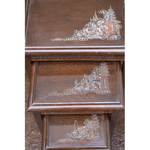 222 - Oriental nest of tables with carved scene to the top and fronts largest measures approx 41cm w x 31c... 