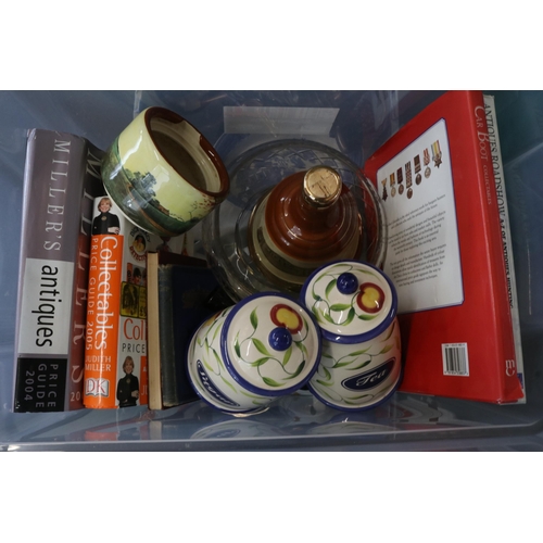 171 - Two cartons of assorted clearance items including scales, books, ornaments and homewares (Bells whis... 