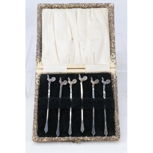 4 - A cased set of six sterling cocktail sticks with Rooster tops approx. 14g
