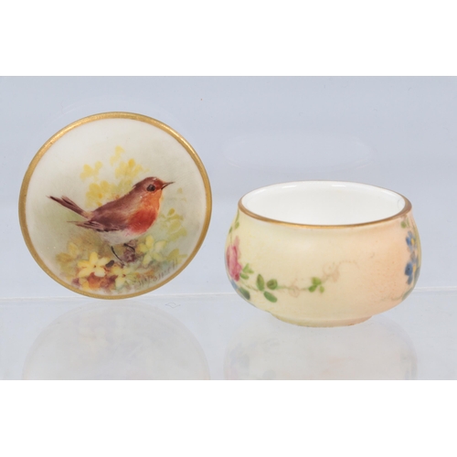 163 - Royal Worcester miniature fruit decorated bowl together with a miniature pot and cover