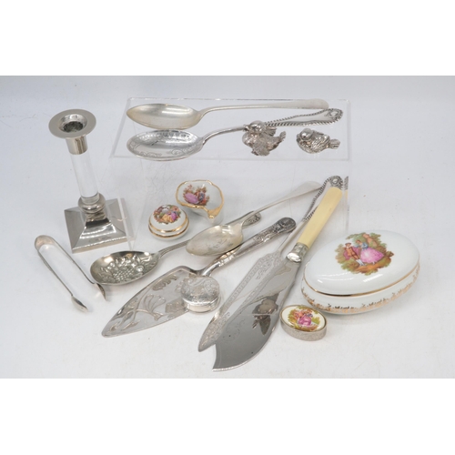 185 - Selection silver plated cutlery, small silver hallmarked pill pot, Limoges pot and other similar