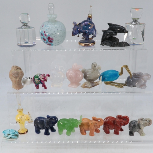 207 - A selection of small multi stone elephants, do do birds, perfume bottles