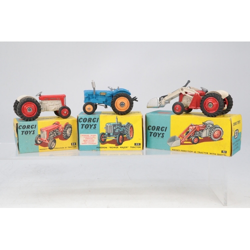 250 - Corgi toys 53 Massey Ferguson 65 tractor with shovel, 55 Fordson Power Major tractor and 50 Massey F... 