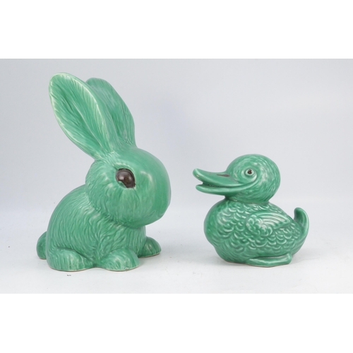 317 - Sylvac 1028 green glazed rabbit together with a 1492 duck which has been repaired