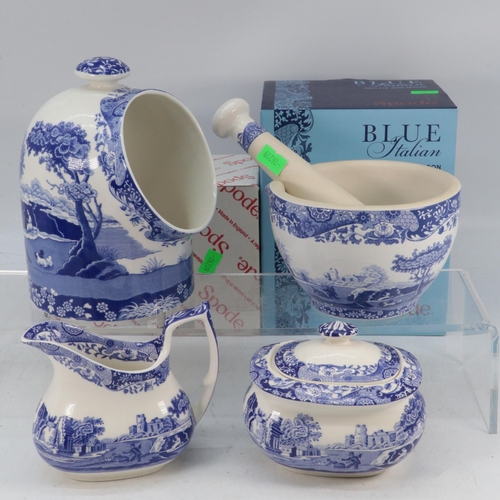 319 - Spode Italian salt pig with spoon and original box together with a sugar pot and cover, cream jug an... 