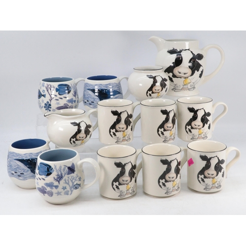 472 - Arthur Woods comical cow decorated cups, M&S cups, tequila glasses etc