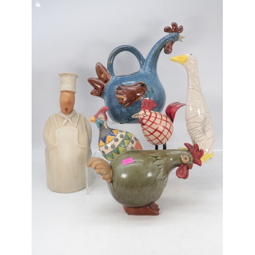 473 - A selection of kitchen ornaments to include Rooster ceramic watering pot, ducks etc