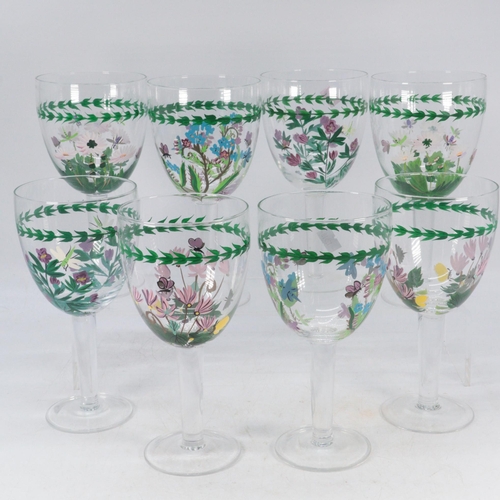 495 - A set of eight wine glasses decorated with Botanical Portmeirion style florals together with another... 