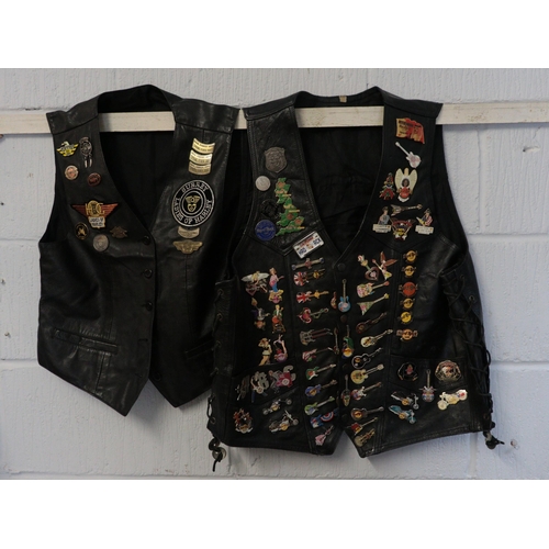 190A - Leather Bikers jacket full of assorted Hard Rock café badges.
Badges included are opening day pins f... 