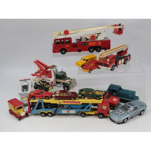 225 - Selection of diecast including a Majorette car transporter, Matchbox Simon Snorkel, Concord and othe... 