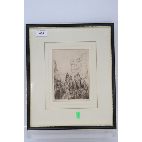 384 - Framed etching by Bauer together with The Shepherd by Harold Whalen