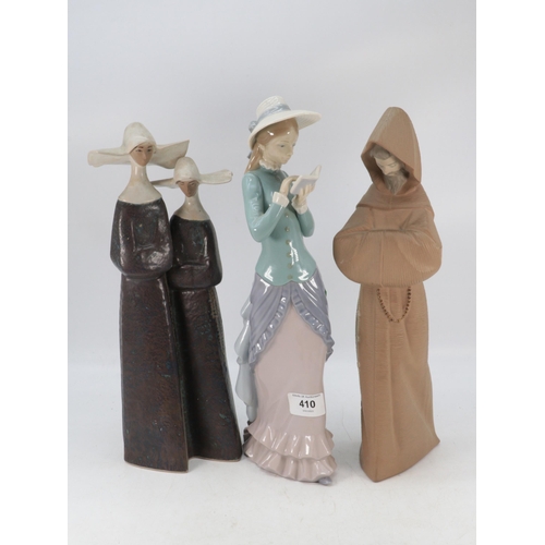 410 - Three Lladro figures including pair of Nuns, monk and a lady reading