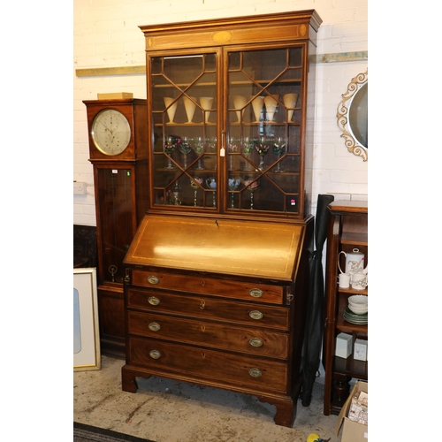 493 - Antique mahogany and satinwood banded bureau bookcase with central cartouche