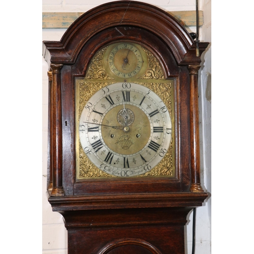 533 - 18c longcase clock with domed hood. Brass arched dial with date arch and subsidiary. Named Giles Tho... 