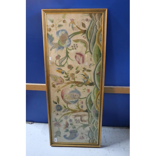 544 - A highly decorative framed embroidered woodland scene (approx. 105cm x 38cm)