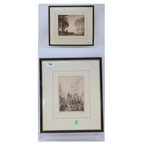 384 - Framed etching by Bauer together with The Shepherd by Harold Whalen