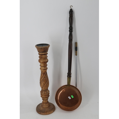 373 - Small bed pan, fire poker together with a wooden candle stick